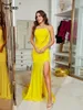 Abiti casual Missord Abito da festa lungo giallo da donna Elegante cinturino per spaghetti increspato coscia divisa aderente maxi abito da sera da ballo a sirena