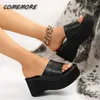 Slippare tofflor Cunky Plaorm Sandals Women Fasion Black Pu Leater Wedge For Woman 2024 Summer Tick Boom Slides Plus Size 42 43 H240327