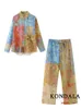 KONDALA Vintage Tie Dye Stampa Abito da donna Monopetto Camicetta Dritto Pantaloni lunghi larghi Moda Estate Boho Set 240326