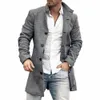 Homens Sobretudo Xadrez Single-breasted Turndown Collar Lg Mangas Slim Mid-length Jacket Brasão Bolsos Quentes Trench Coat O4aY #