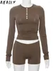 Women's Tracksuits Akaily Spring Brown Casual 2 Two Piece Sets Vacation Outfits For Women 2024 Pink Long Sleeve Button Crop Tops Short Pants