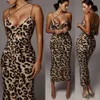 Sexy V Neck Leopard Slim Long Dres Spaghetti Pasp bez pleców Strappy Snake Party Party Club Sukienka Vestidos 240322