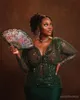 2024 Plus Size Aso Ebi PROM Black Women Hunter Зеленые вечерние платья Элегантные выпивки v Nece с длинными рукавами