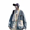 Японская модная высококачественная джинсовая куртка с v-образным вырезом, мужская корейская стильная осенне-зимняя новая трикотажная куртка большого размера Fi Splicing Chic k2Rv #