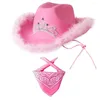 Berets Chapéu de Cowboy Rosa Cowgirl Ocidental com Bandana Pena Strass Traje de Férias Panamá Fedora Party C1A6