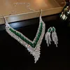 Collier boucles d'oreilles ensemble de luxe vert zircone V Design strass gland ensembles pour les femmes fête de mariage Bijoux Collares Brincos