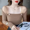 Dames T-shirts T-shirt Lente Korea Mesh Stiksels Onderkant Shirt Casual Effen Kleuren Kleding Volledige mouw Vierkante kraag Street chic 2024 Vrouw