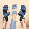 Slippers Slippers New arrival fasion sexy temperament denim tassel tick eel ig eels outdoor square ead solid color sandals women pumps H240326X6I8