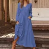 Robes décontractées Femmes Vintage Lâche Coton Lin Élégant Solide Col V Chemise À Manches Longues Robe Flowy Maxi Robe Femme