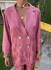 女性向けのエレガントなプリントの明るいシルクラペルシャツセットファッション長袖コートカジュアルズボンスーツシックレディハイストリート衣装