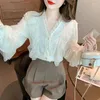 Blouses Femme Dames Mode Dentelle Évidée Épissage Boutonné Chemises Chemisier Femmes Vêtements Femmes Hauts Femmes Filles Casual Basique