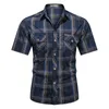 Mannen Revers Shirt Geruite Afdrukken Zomer Korte mouwen Mode Militaire Tops Casual Street chic Mannelijke Werk Shirts Legergroen S-5XL 240315