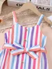 Girl's Dresses Girls summer new street casual colorful striped dress + single-breasted sundress with belt yq240327