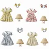 Girls Dresses Summer Kids Fragmented Flower Dress Girl Baby Flip Collar Bubble Skirts Short Sleeve Sun Shade Hat Princess Dress Free Headrope size 70- v1Oz#