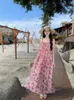 캐주얼 드레스 여성 핑크 프린트 등이없는 느슨한 슬립 긴 드레스 섹시한 슬립 슬립 여름 여름 슬림 우아한 선 드레스 숙녀 보호 프랑스어