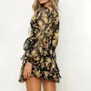 Casual Dresses Floral Leaf Printed Spring Dress Deep V-Neck Belt Nacing Up Long Sleeve Mini Beach Daily Wear Summer Woman