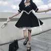 Festklänningar japanska sommaren kawaii mjuk girly klänning vintage fyrkant krage söt spets upp bow sweety ruffles puff hylsa svart