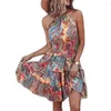Sukienki swobodne wydrukowane sukienki halterneck kobiety z kwiecistego druku kantarka szyi z letniej plaży z ramionami na wakacje