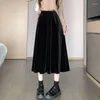 Skirts High Waist Long Skirt Aesthetic Golden Velvet Vintage Pleated Korean Fashion Wide Loose Warm Cotton Clothes C118