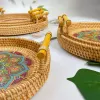 Baskets With Wooden Handle Round Wicker Basket Bread Food Plate Fruit Cake Platter Dinner Serving Tray Handwoven Rattan Storage Tray