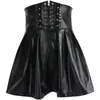 Saias cintura alta lace up pu saia plissada moda ajustável mulheres 2024 preto cor sólida goth sexy back zíper couro mini