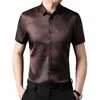 Haut de gamme soie Dr chemises hommes été Satin Blouse vêtements lisses pour hommes Fi Claret rouge Busin tenue de bureau mari hauts 063E #