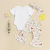 Set di abbigliamento Completi estivi per neonata Stampa di lettere Pagliaccetti a maniche corte Pantaloni svasati gallina Fascia per capelli Set di vestiti da 3 pezzi