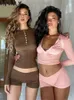 Women's Tracksuits Akaily Spring Brown Casual 2 Two Piece Sets Vacation Outfits For Women 2024 Pink Long Sleeve Button Crop Tops Short Pants