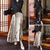 Saias elegante impresso cavalo rosto saia vintage estilo chinês mulheres maxi com impressão cintura alta plissada lace-up