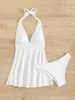 Women's Swimwear Sexy White Bikini Set 2024 Women Solid Halter V Neck Hollow Out Skirt 2 Piece Swimsuit Summer Bathing Suit High Waist