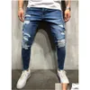 Heren Jeans Heren Blauw Denim Gescheurd Slim Fit Zijgestreept Mannelijke Skinny Potloodbroek Casual Broek Met Ritsen Drop Delivery Kleding Dhuns