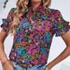 Women's Blouses Loose Fit Women Shirt Ethnic Style Floral Print Summer With Stand Collar Ruffle Short Sleeve For A