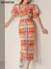 Feestjurken BGTEEVER Vintage Pofmouwen Dames Plaid Bodycon Lente Zomer Elegante V-hals Slanke Zakken Vrouwelijke Kokerjurk