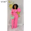 Women's Two Piece Pants Women Pink Casual One Sets Backless Sexy Maxi Full Sleeve Ladies Clothes Wide Leg Long Trousers Deep V Belt Office