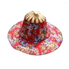 Breda randen hattar d0lf fällbar handfläkt sol hat 2 i 1 kinesisk stil bärbar blommig tryckt handhållen strandkapsel bambu