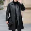 Männer Herbst Winter Kunstleder Windjacke Revers LG Ärmel Taschen Einreiher Fleece Futter Jacke Mantel Lose LG Outwea E23V #