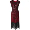 Casual Dresses O Neck Sleeveless Tassel Sequin Dress for Women Vintage Elegant Party Banket Hög midja Medium Längd Sommar 2024