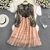 Basic Casual Dresses 2023 Summer Round Neck Lace Stitching Mesh A-Line Dress High Waist Puff Sleeve Vestidos Elegant Mid-Length Ladies Otq6I