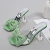 471 Trileino Sexig fest Summer Slippers Fashion Green Bow Heels Sandaler Kvinnor Square Open Toe PVC Transparenta Slides Shoes 382