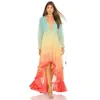 Womens Summer Bohemian Dress Printing Gradient Elegant Maxi Dress Patchwork Rainbow Color Party Dress Ruffles Sweet Vestidos 240320