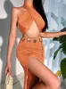 Work Dresses Knit Skirt Set 2 Piece Women Hollow Out Halter Top Summer Sexy Bandage Backless Beach Party Matching Sets