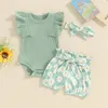 Ensembles de vêtements Focusnorm 3pcs été bébé filles vêtements 0-18m manches volantes solide côtelé barboteuse fleurs imprimé ceinture shorts