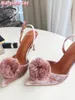 Sandals 2024 Velvet Fur Ball مدبب أخمص القدمين الخنزير العالي الكعب الخلفي Sexy Women Women Shoes Summer Banquet Party Runway Fashion