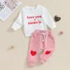 Kläderuppsättningar småbarn baby flicka pojke valentins dag kläder brev tryck tröja hjärtmönster byxor 2 st pet -outfit