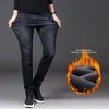 men Winter Thermal Jeans Snow Warm Stretch Straight Jeans Man Fleece Denim Lg Pants Cool N Leg Slim Fit Blue Trousers r0KM#