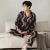 Erkekler Placowear Sonbahar Bahar Pamuk Nightwear Wavy Stripes Homewear Erkek Pijamalar Set Moda Yoklu Ev Kıyafetleri Büyük Boyut