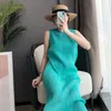 Miyake Pleated Women Dress 2024 Summer Sleeveless Long Classic Korean Fashion Casual Elegant Female LCE Water Blue Beach 240318