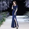 Blue Evening Dress for Women in 2024 New Host High-end Sense Socialite Temperament Light Luxury Niche Fishtail Long