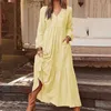 Robes décontractées Femmes Vintage Lâche Coton Lin Élégant Solide Col V Chemise À Manches Longues Robe Flowy Maxi Robe Femme