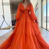 Casual Dresses Long Sleeve Red Women Prom Dress Sexy Deep V Neck A Line Plus Size Evening Gown Party Robe De Soriee